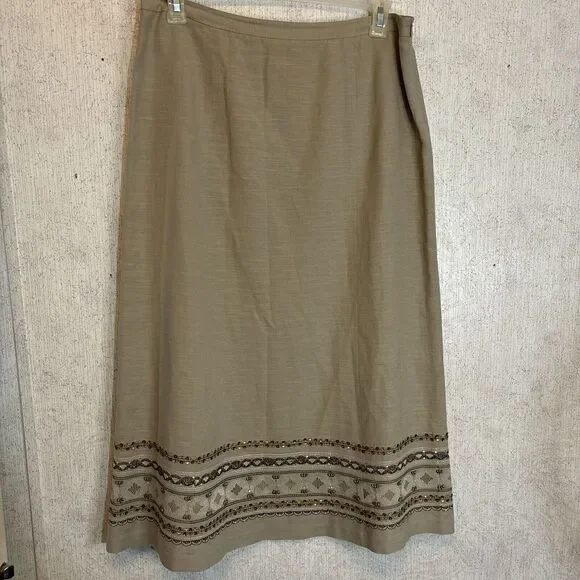 Due Per Due Skirt Womens Size‎ 14 Beige Beaded Maxi A Line Linen Blend Business